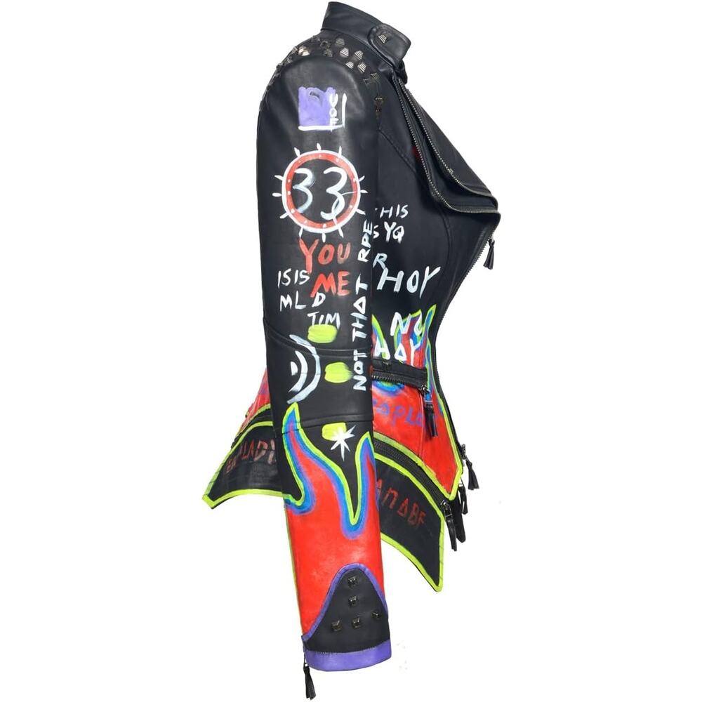Women's fashion studs Faux Leather Motorcycle jacket, graffiti punk, Black, XS - Picture 3 of 6